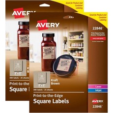 Avery 레이저 및 잉크젯 프린터용 정사각형 라벨 5.1cm x 5.1cm(2인치 2인치) 크래프트 브라운 라벨 300개(22846) (2팩), Avery 레이저 및 잉크젯 프린터용 정사각형 라벨,