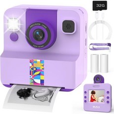 카메라 즉석 인쇄 디지털 용 180도 회전 셀카 렌즈 32GB SD 카드 및 2롤 용지 포함 장난감 생일 선물 남녀 312세 퍼플, Sylvanthos 보라색