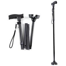 커키 초경량 4발 높이 조절 노인 알루미늄 어르신 접이식 지팡이, 블랙, 1개
