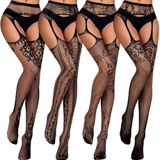 Preboun 4쌍 망사 타이트 하이 스타킹 서스펜더 팬티 여성용 양말 섹시 고딕 타이츠 가터 벨트 코스프레 파티 블랙.116785