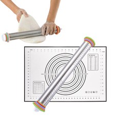 롤링 밀대+실리콘 작업대 이홈베이킹 눈금있는 조절 가능한 스텐 밀대 1세트