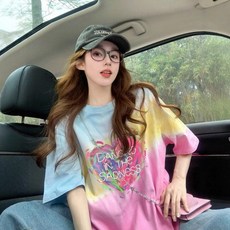 투니스 여성 그라데이션 루즈핏 하트 레터링 프린팅 반소매 티셔츠
