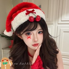 聖誕節黑色櫻桃聖誕帽cos氛圍感節日裝扮女拍照道具毛絨帽子, 1個, 櫻桃紅色聖誕帽子