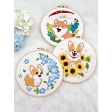 刺繡手工DIY材料包 掛畫魯繡卡通手作DIY刺繡套件 初學者新手學生材料製作客廳裝飾禮物, 小狗3個（瑞瑞+悠悠+圓圓）非成品+0,一個白色圓形大相框+一個20cm仿竹2, 1個