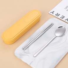 台灣熱銷 304不鏽鋼叉筷勺套裝 收納盒便攜餐具套裝 三件套學生收納餐具盒, 1個, 本色黃304【勺+筷+盒】