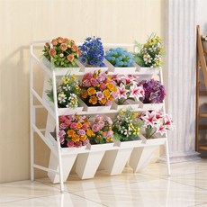 輕奢鐵藝多層花架 鮮花展示架, 斜梯3層100長白架白桶（12個桶）