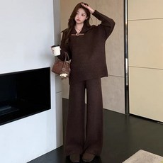 임산부 니트 세트 가을 겨울 캐주얼 임부복 터틀넥 니트 스웨터 + 하이웨이스트 와이드 팬츠 상하의 투피스 기질 임부 투피스 세트 CY