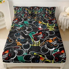 ECLATIS AILON 온EN 트럭 매트리스 커버 세트 트윈 사이즈 어린이 남아 청소년을 위한 다채로운 몬스터 침대 시트 세트 침실 장식용 3피스 잼 소프트 1개 베, Truck40