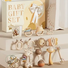 新生兒禮盒 嬰幼兒玩具 搖鈴 磨牙膠 0-6個月, 送禮推薦 含禮袋 高奢豪禮 14件套, 無