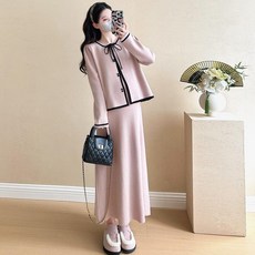 봄 가을 임산부 세트 캐주얼 임부복 루즈핏 긴팔 가디건 + 니트 롱 원피스 투피스 세트 기질 임부옷 WXY