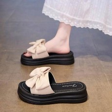 拖鞋女夏季透氣增高厚底拖鞋百搭懶人鞋簡約輕量一字拖防水止滑耐磨涼拖鞋媽媽百搭外出拖鞋舒適室內軟底拖鞋運動涼鞋休閒鞋平底鞋, 36, 米色