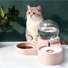 CYLIFE 고양이 반자동 급식기+급수기 일체형 애완동물 밥그릇 물그릇 2IN1, 핑크 화이트, 1개