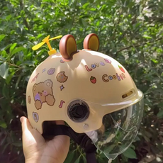 可愛卡通熊熊餅乾圖案兒童安全帽, 卡其熊熊【高清鏡】+棕熊耳朵+風車, 1個