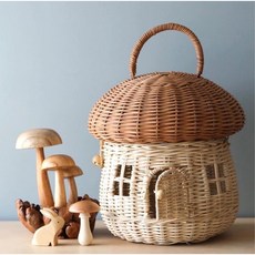 【Eze Art Deco】台灣現貨 純手工藤編提籃 蘑菇造型玩具收納籃 北歐風居家擺飾, 1個, 蘑菇