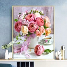 심스타 실십자수 세트 고급 꽃 꽃병 식물 풍경 명화 명작 무명실 명주실 초보, 3가닥 자수 65x65 cm 실크실, 1개