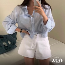 쪼예 자외선차단 여리여리 루즈핏 스트라이프 세미크롭 긴팔 셔츠