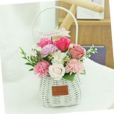 손잡이 달린 흰색 바구니 담긴 핑크 혼합 생화 실내 장식 감사 선물 기념일 축하, 1개, 상세페이지 참조