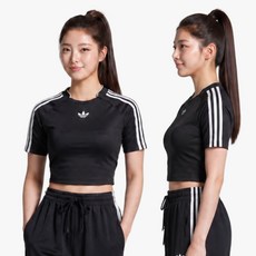 아디다스 삼선 크롭 반팔티 여성 블랙 티셔츠 불꽃마크 여자 여름 기능성 헬스 운동 반팔 팀가이스트 크롭티