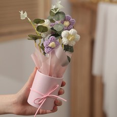 針織毛線花束 抱抱桶手工花裝飾擺件, 白色+紫色小花（帶燈+袋子）,成品：20*18  桶：高8*直徑6.5, 1個