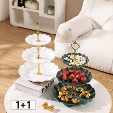 Izeriel 1+1 3단 트레이 과일 간식 파티 스탠 쟁반 트레이 디저트 플레이트 스탠드 케이크 디저트 트레이, 2개, 화이트+그린