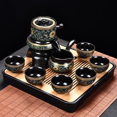 功夫茶具套裝 自動泡茶壺 茶杯組, 1個, 纏蓮枝六杯9件套+正方黑茶盤