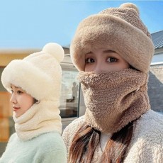 넥워머겸 여자 겨울 따뜻한 벙거지모자 벙거지모자 모자 겨울 여성 겨울 니트 겨울 여성 여성 안감 뽀글이, 베이지