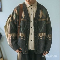 優選大碼日系V領針織開衫，復古撞色寬鬆毛衣外套，秋冬潮流男士必備