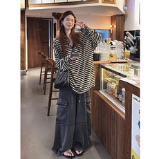 Yellwel 여름용 슬림핏 스트라이프 티셔츠 여성용 루즈핏 상의 DJP