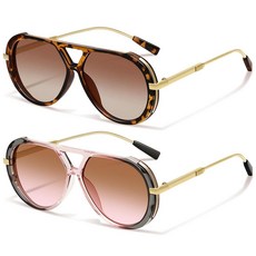 YMRFW 레트로 골드 에비에이터 선글라스 여성용 남성용 대형 프레임 70년대 트렌디한 빈티지 스타일 자외선 차단 선글라스 2팩 (거북이/그라데이션 티+티/핑크)