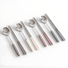 kamome kitchen 韓國產舒適握柄餐具組, 灰色+奶油黃+深粉色+藍灰色, 湯匙 4入+筷子 4雙, 1組
