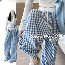 賣場優選童裝 女童長褲 女童藍色格子褲春秋薄款寬鬆中大童直筒闊腿褲慵懶休閒山本褲韓版