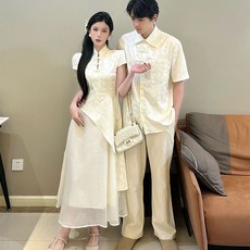 夏季新款 國風新中式情侶裝 改良旗袍 一裙一衣 精選品質 舒適透氣