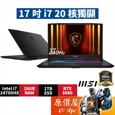 MSI Katana 17 HX B14WFK 電競筆電 i7-14700HX/16GB RAM/1TB SSD/RTX 5060/QHD 240Hz, 黑色, Katana 17 HX B14WFK【288TW】, 1TB, 16GB, Windows 11 家用版