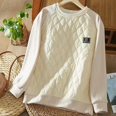 가을겨울 보온성 극대화 퀼팅 패턴 두꺼운 플리스 라운드넥 여성 스웨트셔츠 두꺼운 기모 티