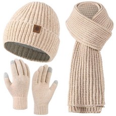 여성용 겨울 비니 모자 스카프 장갑 세트 슬라우치 여성용 겨울 모자 롱 스카프 터치스크린 장갑 3 in 1 세트 베이지. 단일 사이즈