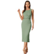 Allegra K 여성용 칵테일 맥시 민소매 라운드넥 타이 웨이스트 주름 장식 바디콘 파티 드레스 연한 녹색. 142378
