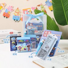 幼兒園生日禮物文具套裝，兒童節分享禮品，十歲宴會回禮，全班伴手禮首選, 1個, F男【橡皮+蠟筆+尺子套餐+筆記本
