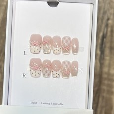 黛瑞森【甜美公主】日常短款美甲成品粉色貓眼蝴蝶結穿戴甲純手工, 大號L, 1072新中方