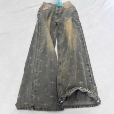 해피유통 여성용 넓은 다리 청바지 빈티지 스타일 세련된 십자무늬 워시드 데님 팬츠 춘추용