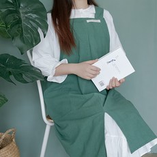 NENAI 린넨 롱기장 앞트임 워피스형 앞치마, 그린, 4개