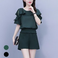 Titikong 여성 캐주얼 상하세트 반팔+바지 와이드 팬츠 투피스 밴드 프릴 빅사이즈