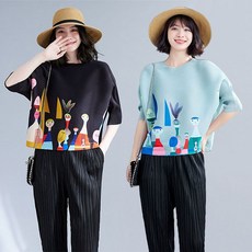 FINE ART 여성 캐릭터 주름옷 오버핏 플리츠 반팔티 프린팅 반팔 티셔츠 얇은 플리츠상의 데일리