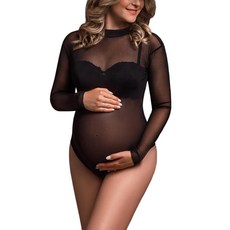 JustVH 사진 촬영용 임산부 바디수트 긴소매 시어 메시 의상 블랙-d L 186126, 라지, 블랙