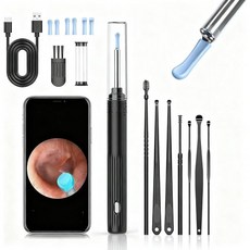 귀 왁스 제거 카메라 빛이 있는 스마트 클리너 1080P HD 비주얼 오토스코프 iOS 및 Android용 FSA HSA 적격 클리닝 키트 7개의 이어 스푼이 9in1 도구블랙, Black