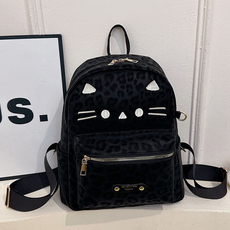 貓咪造型黑色豹紋雙肩背包, 黑色, 1個