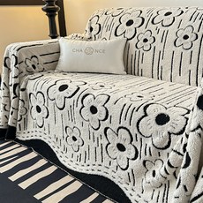 防貓抓牛奶絨沙發蓋布 2024新款加厚防滑保暖舒棉絨沙發套罩客廳, 1個, 花朵-黑白,寬88cm*長88cm【適閤腳踏】