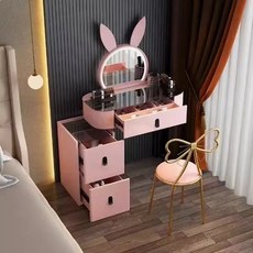 可愛公主風梳妝臺 簡約輕奢化妝臺 網紅ins風楓斗櫃 2024新款, 60桌+普通柜+兔子鏡+花瓣【鏡子可換】