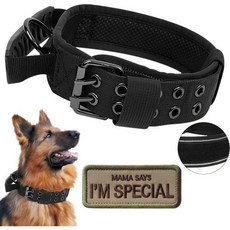 핸들이 있는 전술 개 목걸이 중형 대형견을 위한 군용 조절 가능한 훈련 소프트 나일론 및 헤비 듀티 금속 버클 패치가 경우검정색 패치 포함 대형, Large, Black with Patch