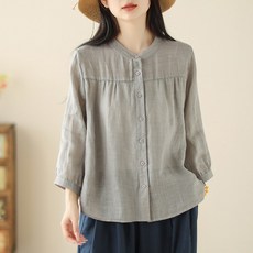 Makone 여성 봄 여름 라운드넥 노카라 린넨 솔리드 심플 블라우스