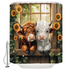 JOF 오브KAXU 귀여운 하이랜드 소 샤워 커튼 농가 소박한 해바라기 나무 서양 재미있는 동물 꽃 컨트리 레트로 욕실 커튼 후크 포함 177.8x177.8cm(70x70인
